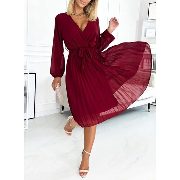 Farysays Wrap V Neck Flowy Pleated Long Sleeve Red Midi DressSz XL - Picture 2 of 7